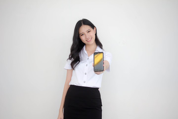 Portrait of thai adult student university uniform beautiful girl show her smart phone