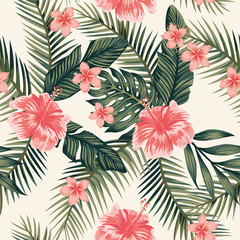 Wall Mural - Hibiscus plumeria leaves seamless background