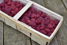 Basket With Organic Raspberries On Vintage Wooden Background.