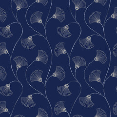 Naklejka na meble Cream Hand-Drawn Abstract Floral Vector Seamless Pattern on Indigo Background. Art Deco Blooms. Abstract Fan Flowers