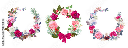 Set of Christmas cards, wreaths of flowers. Round frame with red, pink roses,...