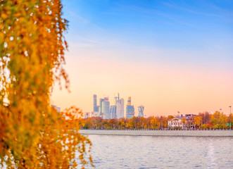 Panorama of the business center in the autumn morning.