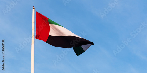 Fotografie, Obraz United Arab Emirates flag against blue sky