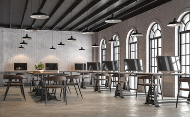 Wall Mural - Industrial loft style office with arch shape window 3d render,There are white brick wall,polished concrete floor and black wood ceiling.Furnished with dark brown leather and black steel furniture.