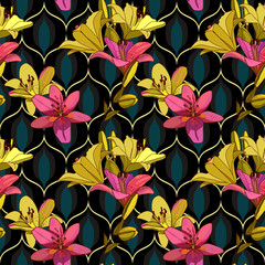 Wall Mural - Lilies on vintage seamless pattern.