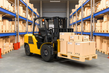 Forklift truck with cardboard boxes in warehouse, 3D rendering