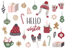 Set Of Merry Christmas And Happy New Year Elements. Cozy Winter Season.Vector Illustration With Christmas Tree, Car, Toys, Gingerbread, Cup Of Hot Chocolate, Gifts, Winter Wool Hat And Mittens.