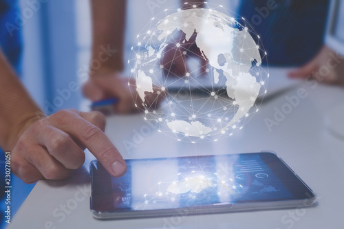 Cuadros en Lienzo Global network connection around digital globe, internet of things (IoT) concept