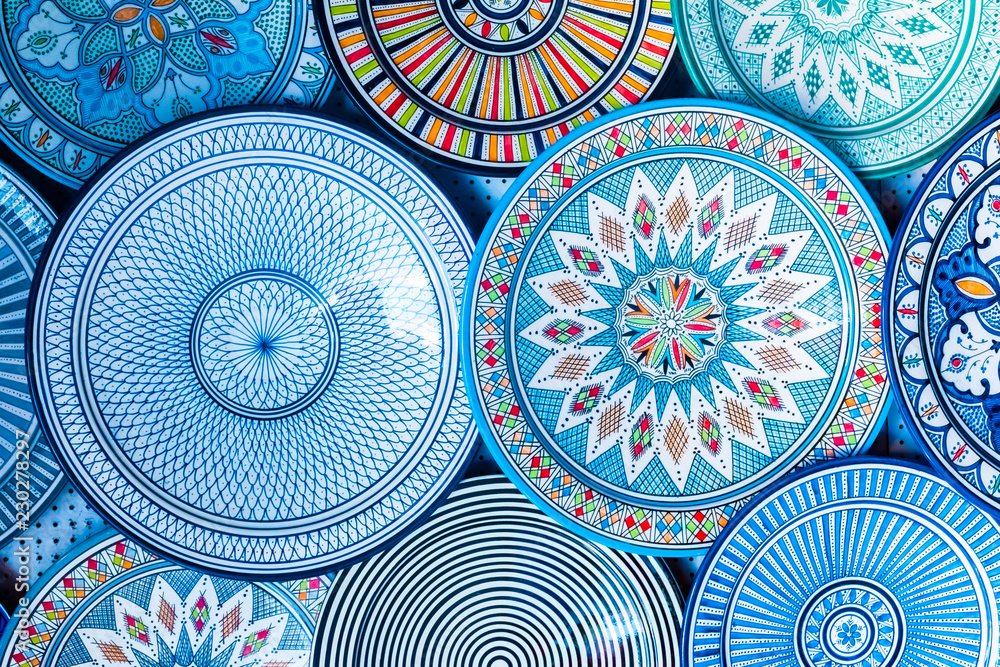 Beautiful colorful and traditional dish plates, Morocco in Africa - obrazy, fototapety, plakaty 