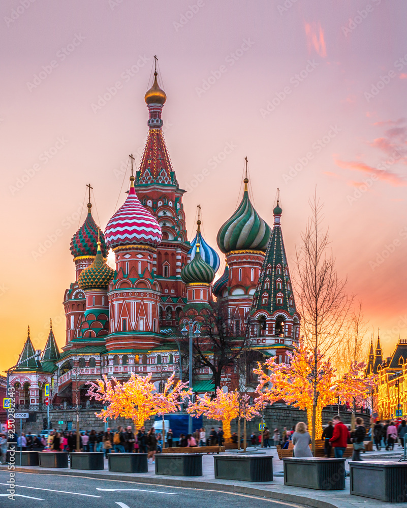 Moscow, Capital city of Russia. Beautiful view of Saint Basil`s Cathedral  during sunset time. Clouds are in purple and orange colors. Stock Photo |  Adobe Stock, image size:801x1000