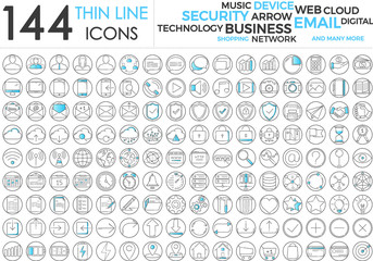 Wall Mural - Black and blue business thin line icons set on white background