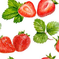 Wall Mural - Strawberry seamless pattern watercolor illustration isolated on white.