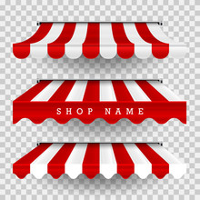 Commercial Canopy Awning Series. Vector Pop Up Store. Striped Awnings Of Different Shapes With Shadows On A Transparent Plaid Background. Design Element For Poster, Banner, Advertising.