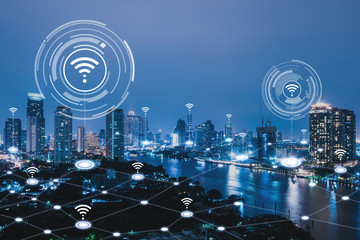 Cityscape with connecting dot technology of smart city conceptual