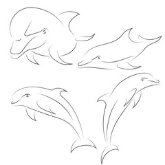 Canvas Print - Black line dolphin on white background. Hand drawn vector dolphins set.