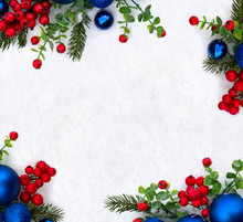 Christmas Decoration. Frame Of Twigs Christmas Tree, Christmas Blue Balls And Red Berries On Snow With Space For Text. Top View, Flat Lay