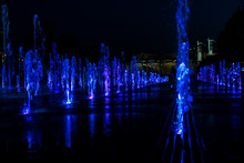 Lights In The Fountain, Bright Blue Colors.