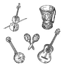 Set Of Musical Instruments. Violin, Maracas, Guitar, Banjo And Drum. Sketch. Engraving Style. Vector Illustration.