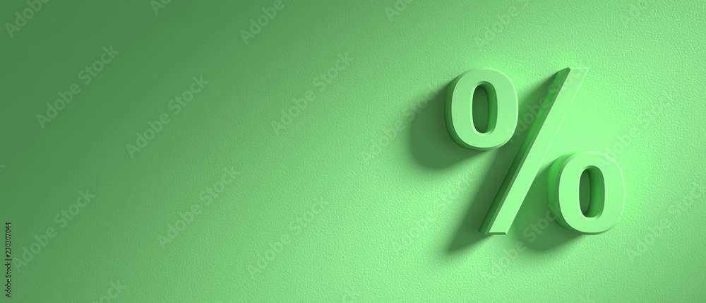 Percentage sign on green wall background, banner, copy space. 3d illustration - obrazy, fototapety, plakaty 