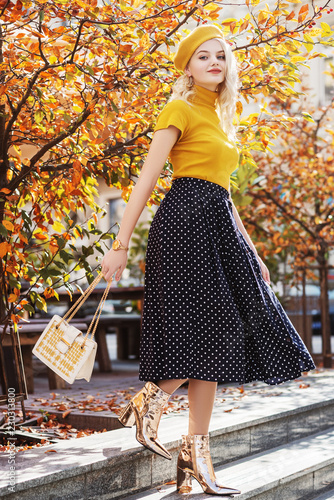 yellow and white polka dot skirt