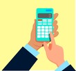 © anisimovfedor - Calculation. Hand holding calculator, finger touching button. Modern concept