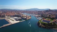 4K Aerial View Of Marseille Pier - Vieux Port, Saint Jean Castle, And Mucem In South Of France