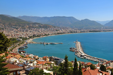 Wall Mural - Red Tower and Marina view from Alanya Castle in Antalya, Turkey.
