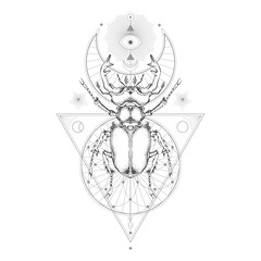 Wall Mural - vector illustration with hand drawn stag beetle and sacred geometric symbol on white background. abs