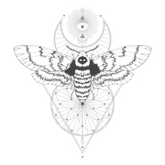 Wall Mural - vector illustration with hand drawn dead head moth and sacred geometric symbol on white background. 