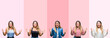 © Krakenimages.com - Collage of young beautiful woman over pink stripes isolated background crazy and mad shouting and yelling with aggressive expression and arms raised. Frustration concept.