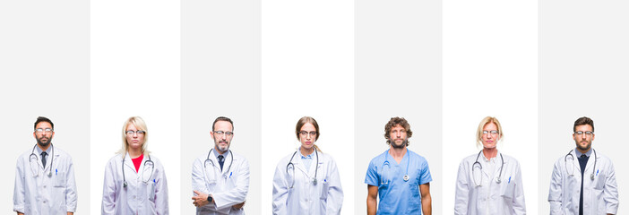 Wall Mural - Collage of professional doctors over stripes isolated background Relaxed with serious expression on face. Simple and natural looking at the camera.