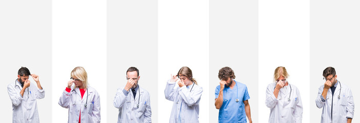 Sticker - Collage of professional doctors over stripes isolated background tired rubbing nose and eyes feeling fatigue and headache. Stress and frustration concept.