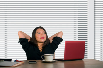  successful Asian Chinese business woman working confident at modern office computer desk in female businesswoman job smiling cheerful thoughful enjoying success