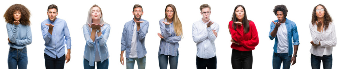 Wall Mural - Composition of african american, hispanic and caucasian group of people over isolated white background looking at the camera blowing a kiss with hand on air being lovely and sexy. Love expression.