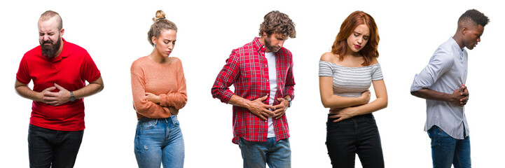 Sticker - Collage of group of young people over colorful isolated background with hand on stomach because nausea, painful disease feeling unwell. Ache concept.