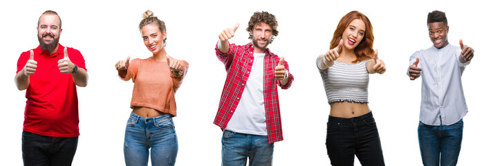 Poster - Collage of group of young people over colorful isolated background approving doing positive gesture with hand, thumbs up smiling and happy for success. Looking at the camera, winner gesture.