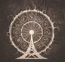 Wall Mural - Astrological symbols in the circle. New Year and Christmas celebration card template. Zodiac circle as ferris wheel