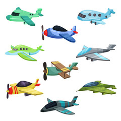 Wall Mural - flat vector set of different aircrafts. military jet planes, passenger airplane and biplane. element