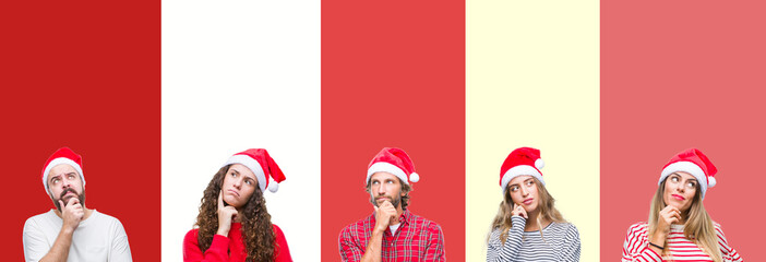 Collage of group of young people wearing chrismast hat over isolated background with hand on chin thinking about question, pensive expression. Smiling with thoughtful face. Doubt concept.