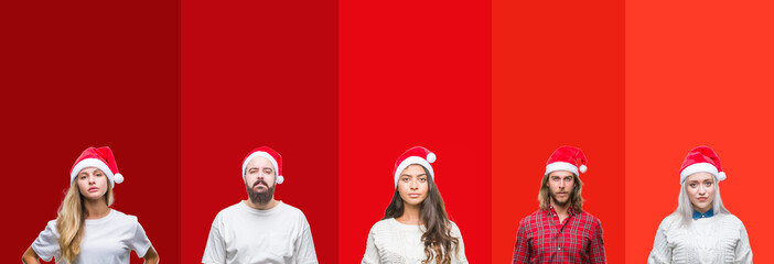 Poster - Collage of group of young people wearing chrismast hat over isolated background with serious expression on face. Simple and natural looking at the camera.