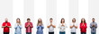 © Krakenimages.com - Collage of different ethnics young people over white stripes isolated background praying with hands together asking for forgiveness smiling confident.