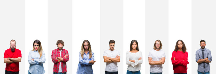 Collage of different ethnics young people over white stripes isolated background skeptic and nervous, disapproving expression on face with crossed arms. Negative person.