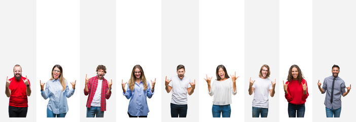 Collage of different ethnics young people over white stripes isolated background shouting with crazy expression doing rock symbol with hands up. Music star. Heavy concept.