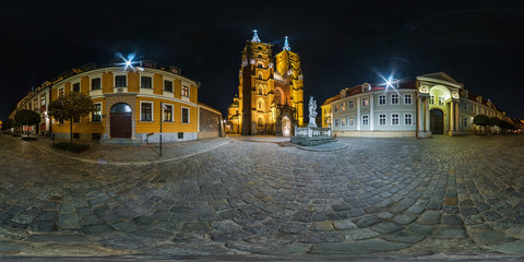 night full seamless spherical panorama 360 degrees district Ostrow Tumski with spires illuminated of gothic cathedral in equirectangular projection, AR VR content