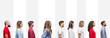 © Krakenimages.com - Collage of different ethnics young people over white stripes isolated background looking to side, relax profile pose with natural face with confident smile.