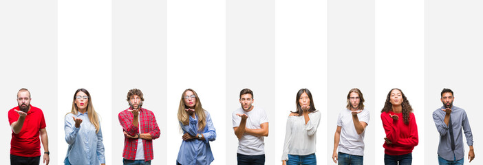 Wall Mural - Collage of different ethnics young people over white stripes isolated background looking at the camera blowing a kiss with hand on air being lovely and sexy. Love expression.