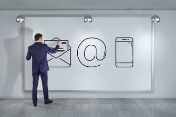Fototapete - Businessman drawing thin line contact icon
