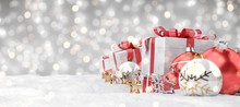 Red Christmas Baubles And Gifts Background 3D Rendering