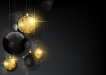 Dark Christmas Background With Black And Golden Baubles - Black Abstract Background With Bokeh Effect And Sparkling Effect, Vector Illustration