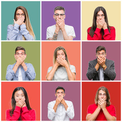 Canvas Print - Collage of group people, women and men over colorful isolated background shocked covering mouth with hands for mistake. Secret concept.